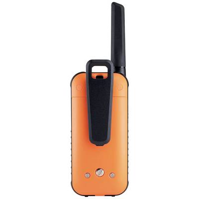 Ein orangefarbenes Funkgerät mit schwarzer Antenne und Clip. Es ist vertikal ausgerichtet und zeigt die Rückseite.