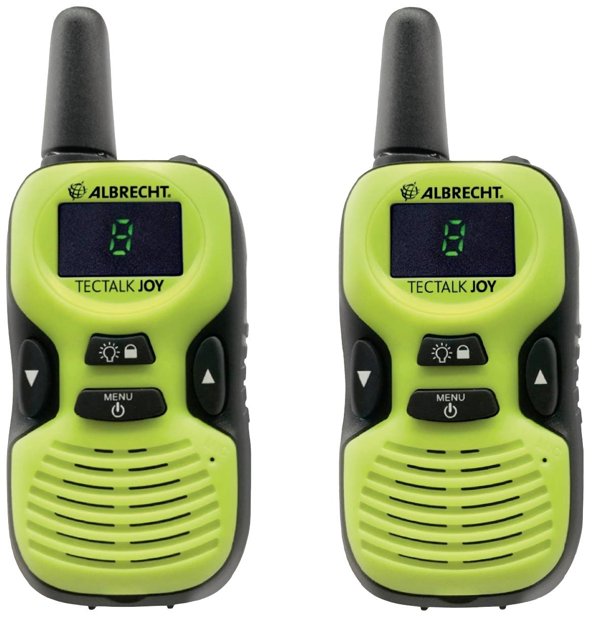 Zwei grüne Walkie-Talkies mit schwarzen Antennen und schwarzen Bedienfeldern zeigen die Zahl '8' auf ihren Displays.