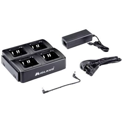 Ein Mehrfachladegerät von Midland mit vier Ladeplätzen, Netzadapter und Kabel, geeignet zum gleichzeitigen Laden mehrerer Geräte.