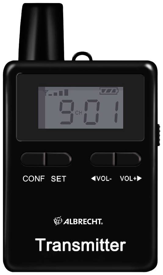 Ein schwarzer Albrecht-Sender mit Display, das Kanäle und Batterieanzeige zeigt. Knöpfe für 'CONF', 'SET', 'VOL-', 'VOL+'.