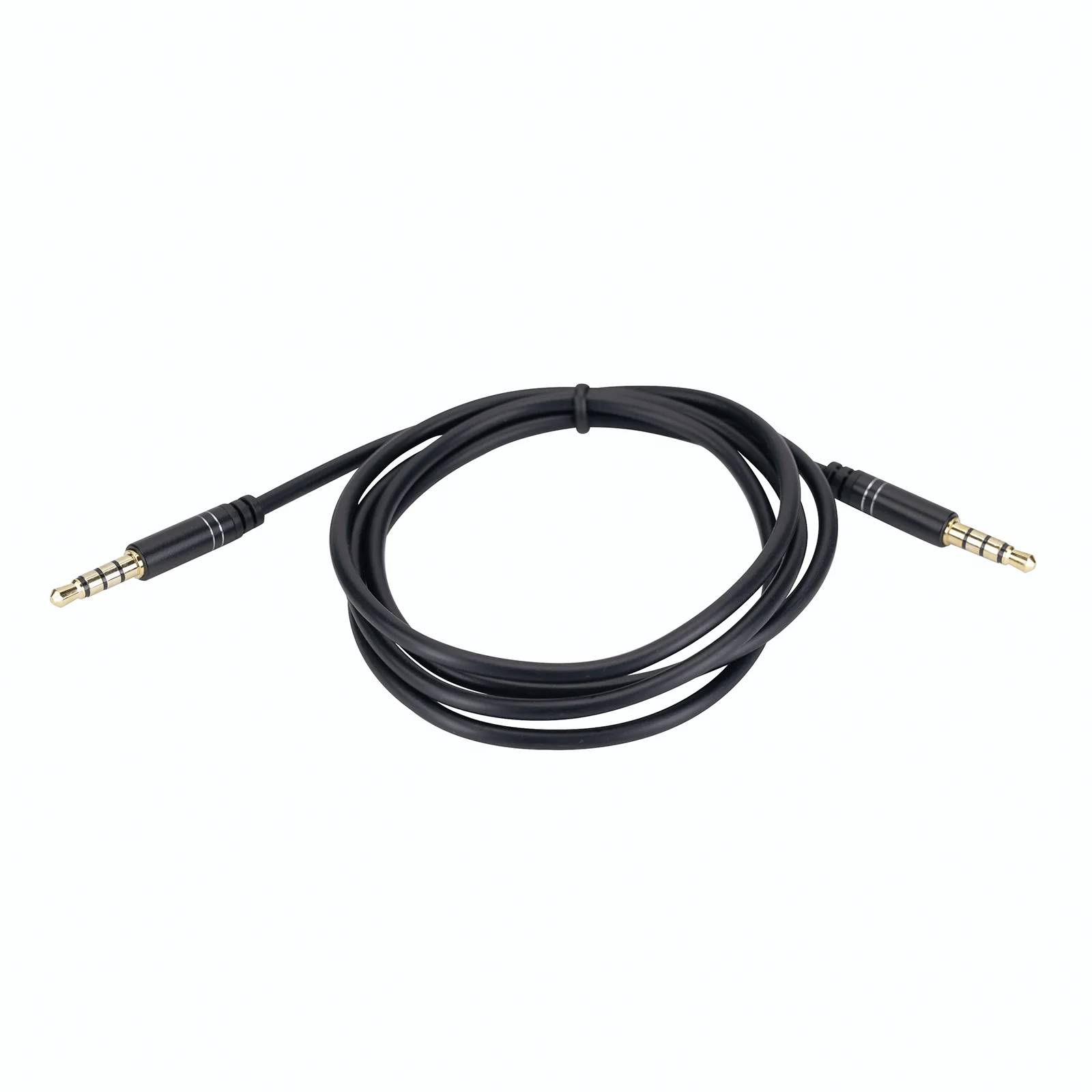 Schwarzes Audiokabel mit zwei 3,5-mm-Klinkensteckern, etwa einen Meter lang, für den Anschluss von Audiogeräten.