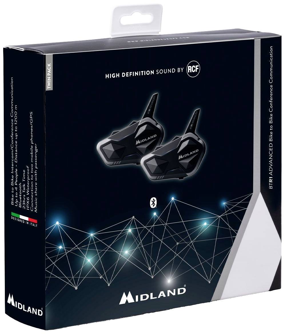 Verpackung einer kabellosen Intercom-Anlage. Abgebildet sind zwei schwarze Geräte mit der Aufschrift 'Midland'. Marke 'Midland' und Bluetooth-Logo sichtbar. Italienische Flagge in der Ecke.