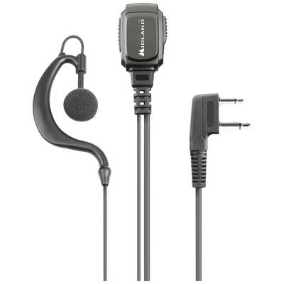 Headset mit Ohrhörer und Mikrofon, verbunden über Kabel mit einem Doppelstecker. Markenname 'Midland' auf dem Mikrofonclip sichtbar.