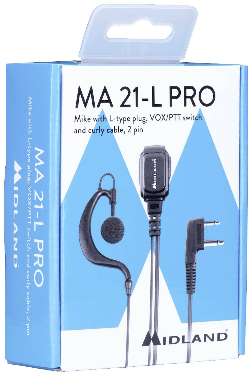 Verpackung eines Headsets mit L-förmigem Stecker, VOX/PTT-Schalter und 2-poligem Anschluss. Markenname 'Midland'.