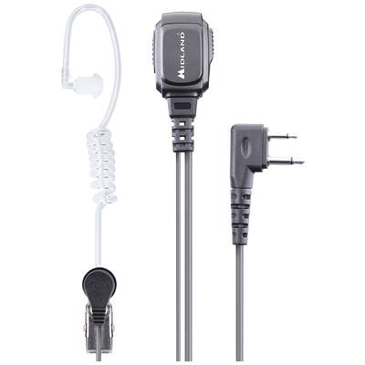 'Abgebildet ist ein schwarzes Headset mit transparentem Spiralkabel und Ohrstück, geeignet für Funkgeräte. Rechts ist der Zwei-Pin-Anschluss zu sehen.'