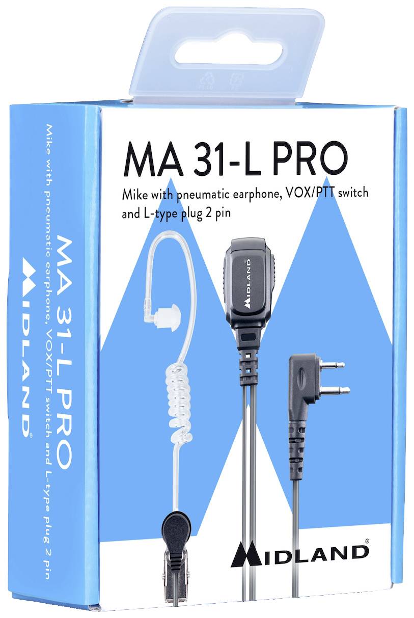 'Midland MA 31-L PRO' Verpackung mit Pneumatik-Ohrhörer, VOX/PTT-Schalter und L-Typ-Stecker.