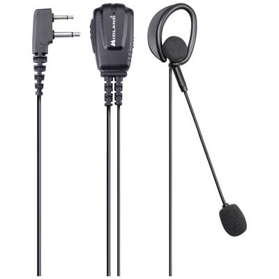Ein schwarzes Headset mit Ohrbügel und Mikrofon, verbunden durch ein Kabel mit einem Doppelstecker für Audioeingang.