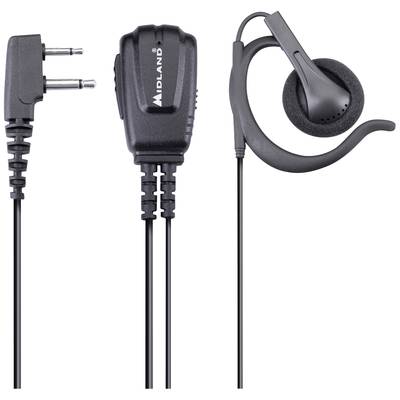 'Midland' Ohrbügel-Headset mit zwei Stiften und Mikrofon, schwarz, für Funkgeräte kompatibel. Zeigt Ohrbügel und Stecker.