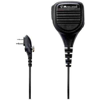 Ein schwarzes Handmikrofon mit Kabel und Steckverbinder, Markenname 'Midland' oben. Geeignet für Radios oder Kommunikationsgeräte.