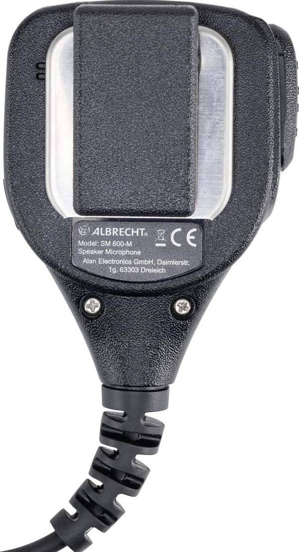 Sprechtaste-Mikrofon in Nahaufnahme, schwarz, kompakt, mit Albrecht-Logo und technischen Details auf dem Aufkleber.