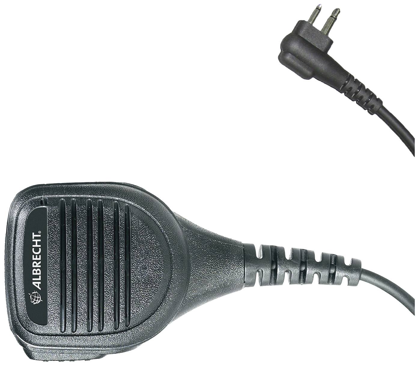 Ein schwarzes Mikrofon der Marke Albrecht mit einem gewellten Kabel und einem kleinen Stecker oben rechts, geeignet für Funkgeräte.