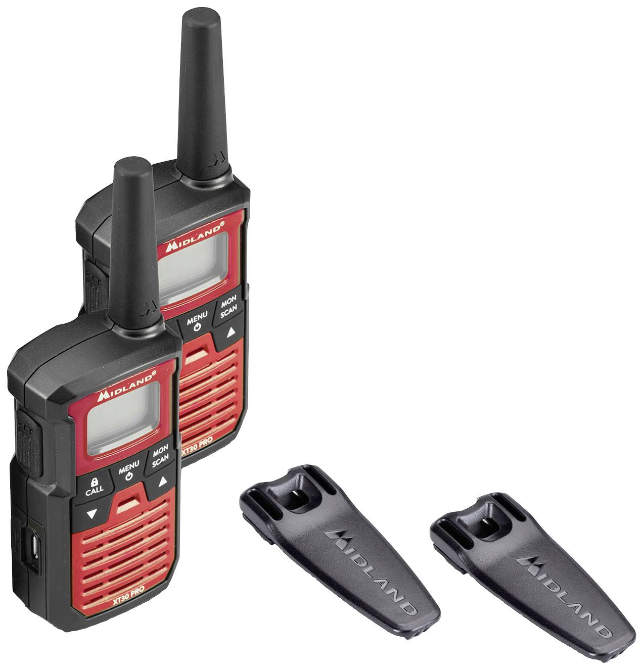 Zwei rote Walkie-Talkies der Marke Midland mit abnehmbaren Clips.