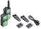 Zwei grüne Walkie-Talkies mit Batterien, Gürtelclips und einem USB-Kabel.