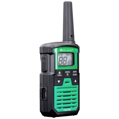 'Midland XT30 Pro' Walkie-Talkie in Schwarz und Grün mit Display, Tasten für Menüsteuerung, Anruf und Scan.