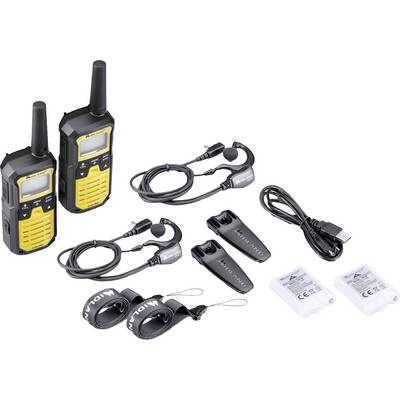 Zwei gelb-schwarze Walkie-Talkies mit Kopfhörern, Clips, USB-Kabel und Akkus auf weißem Hintergrund.