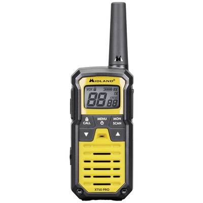Handliches gelb-schwarzes Walkie-Talkie mit digitalem Display und mehreren Funktionen. Markenname 'Midland' sichtbar oben.