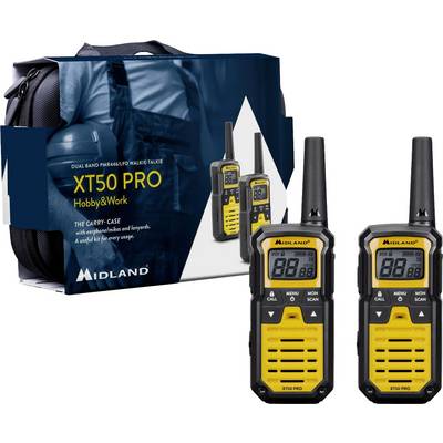 Zwei gelb-schwarze Walkie-Talkies mit digitalem Display vor ihrer Verpackung. Aufschrift 'Midland XT50 PRO Hobby & Work'.