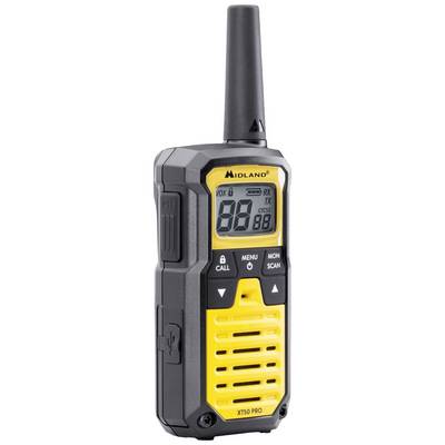 Ein tragbares, gelb-schwarzes Funkgerät mit Display, das aktuelle Kanalnummer und Status anzeigt. Markenname oben auf dem Gerät.