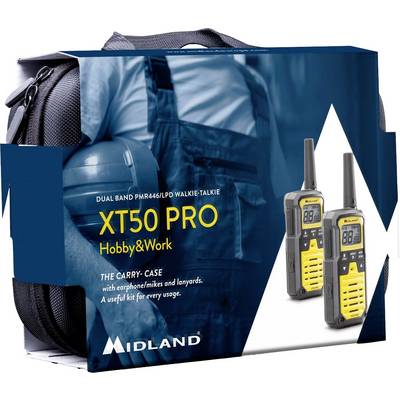 'Midland XT50 PRO Walkie-Talkie Set in einer Verpackung mit Trageetui, inklusive Ohrhörern/Mikrofonen und Lanyards, geeignet für Hobby und Arbeit.'