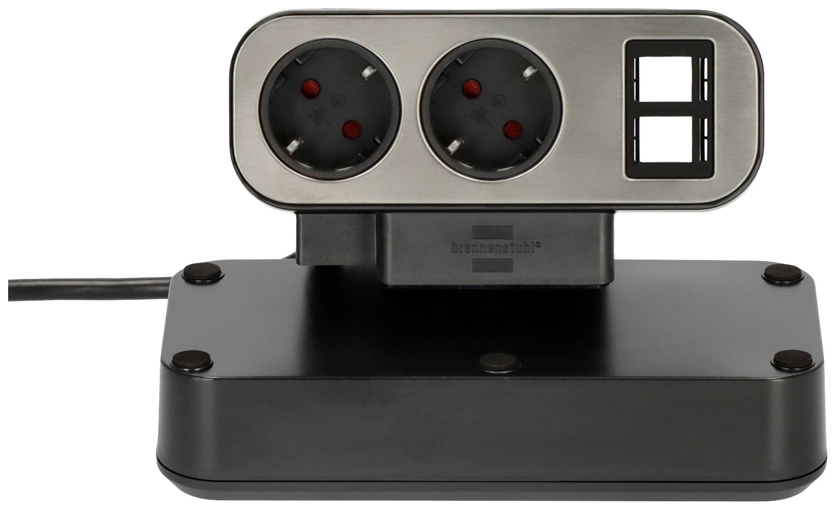 Eine schwarze Steckdosenleiste mit zwei runden Steckplätzen und leeren Rahmen, geeignet zum Einbau in einen Tisch.