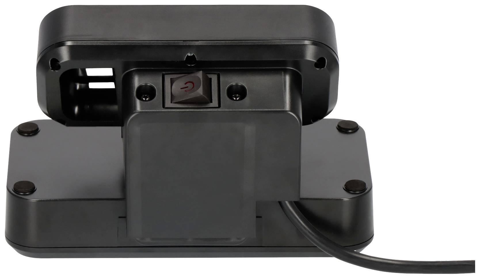 Ein schwarzes elektrisches Gerät mit einem sichtbaren Schalter und Kabel, montiert auf einer rechteckigen Basis.