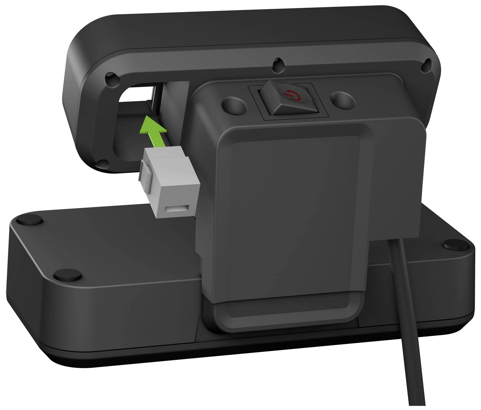 Rückansicht einer Webcam mit USB-Anschluss und Netzschalter. Ein grüner Pfeil zeigt auf einen abnehmbaren Teil der Webcam.