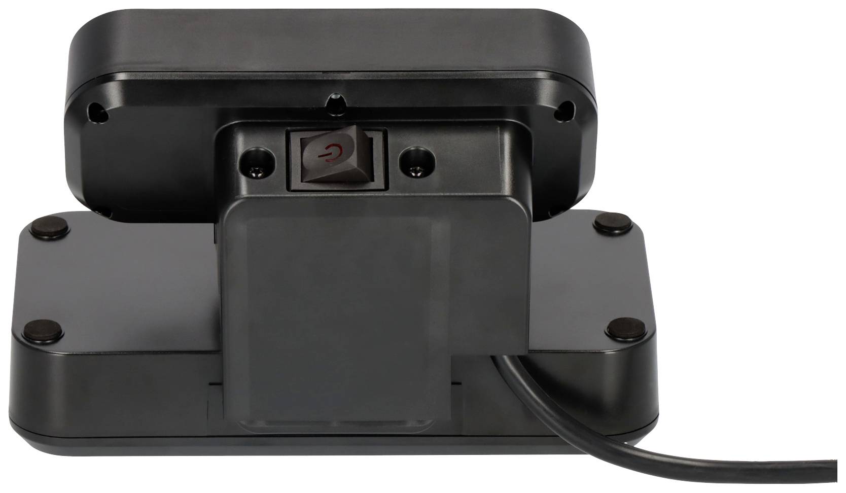 Ein schwarzes, rechteckiges Gerät mit einem Kabelanschluss an der rechten Seite und einem sichtbaren Ein-/Ausschalter oben.