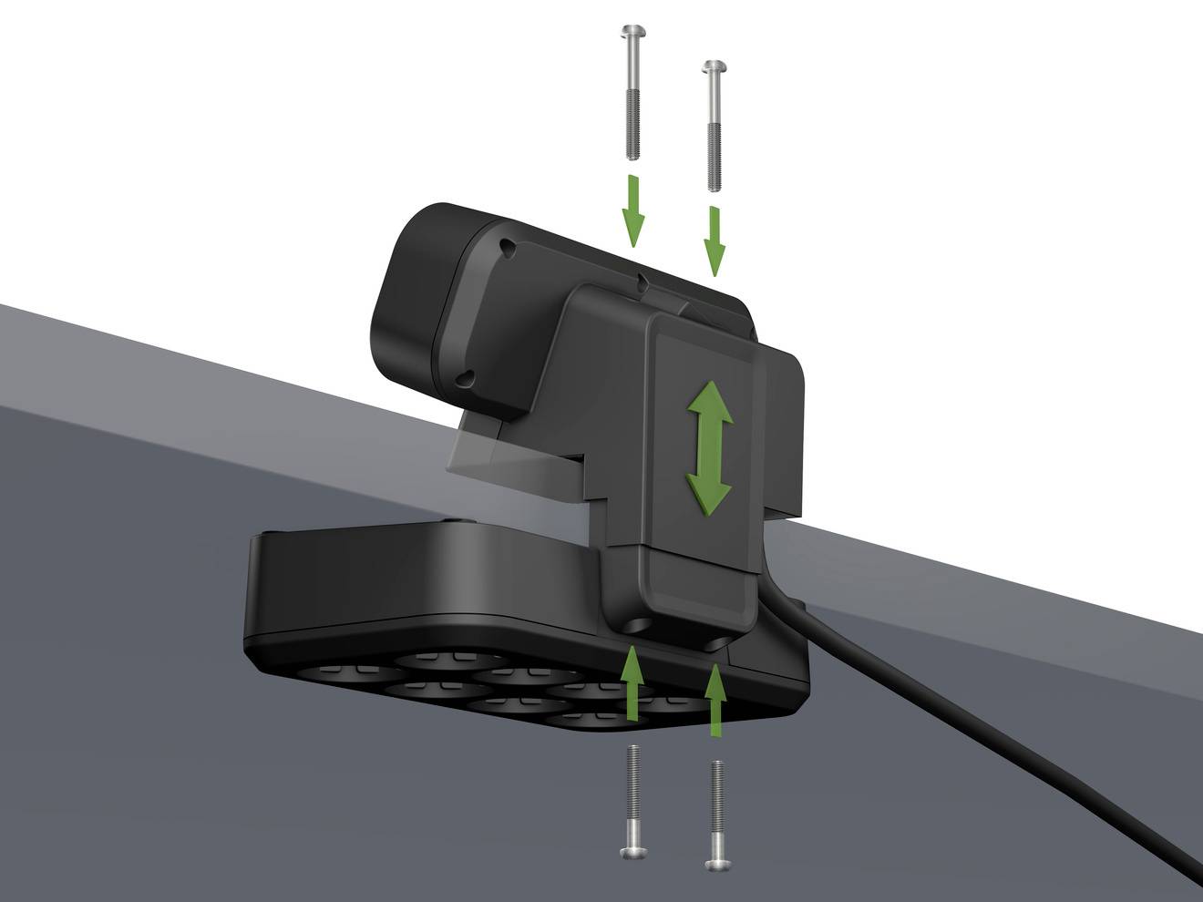 Kamera mit Kabel wird mit Schrauben an einer Wand montiert. Grüne Pfeile zeigen die Richtung der Installation.
