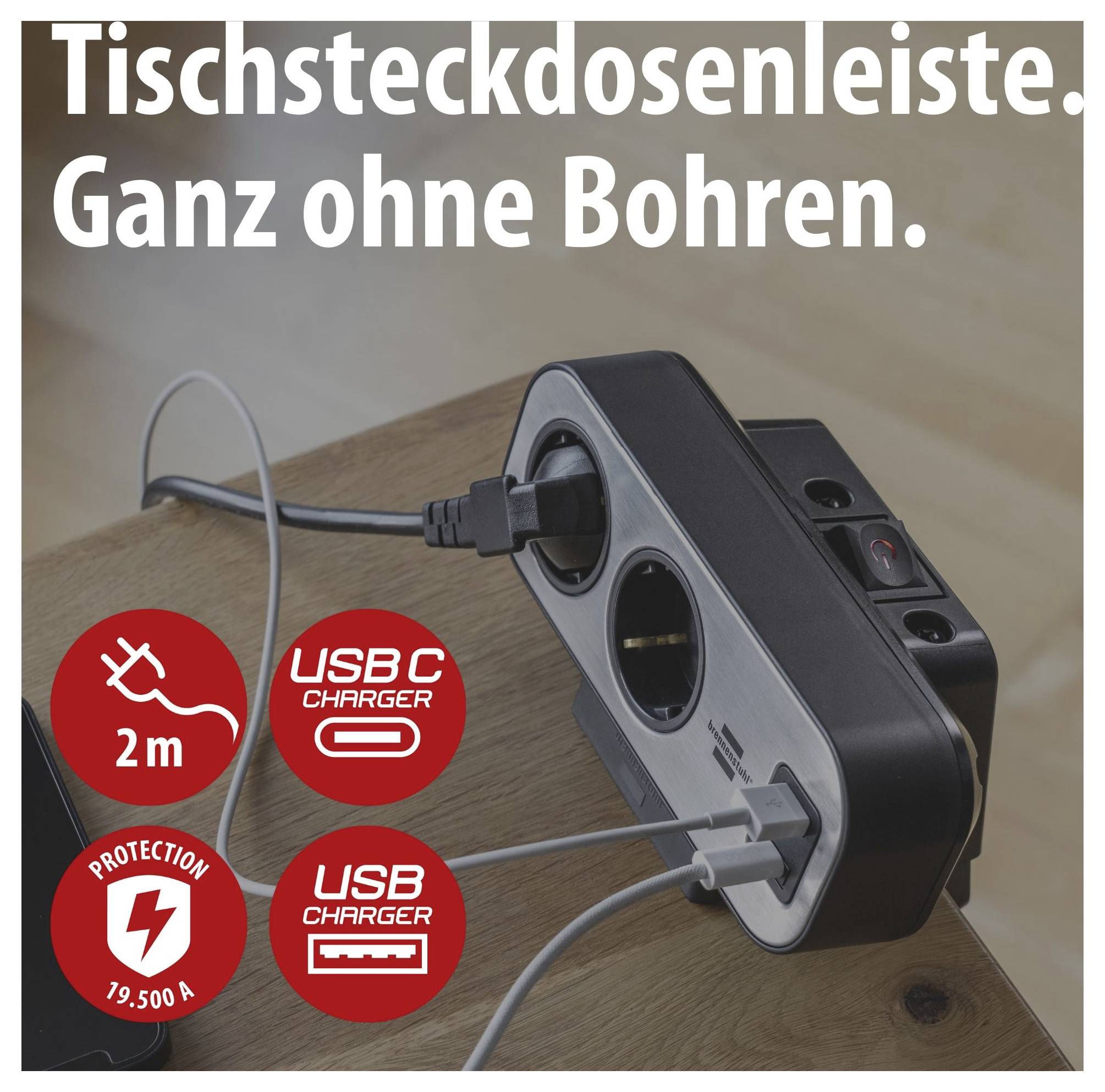 Tischsteckdosenleiste mit USB-C- und USB-Anschlüssen für den Einsatz auf dem Tisch, ganz ohne Bohren; 2 m Kabel und 19.500 A Schutzangabe.<br>