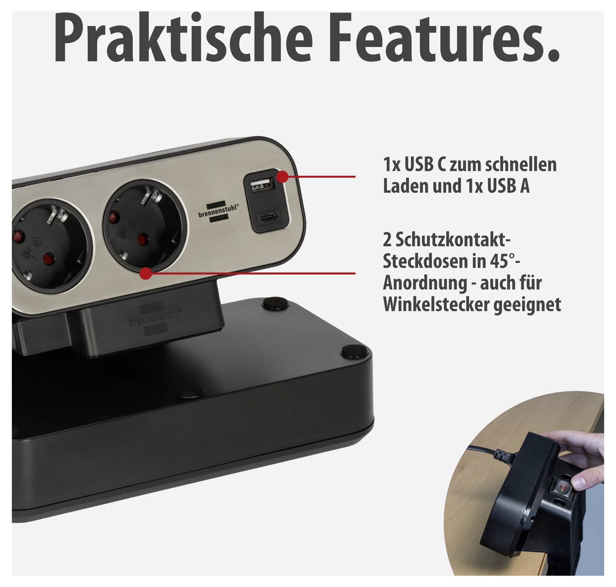Produktdarstellung einer Steckdosenleiste mit 2 Schutzkontakt-Steckdosen, 1 USB-C- und 1 USB-A-Anschluss; Hinweis auf 45°-Anordnung und Laden.