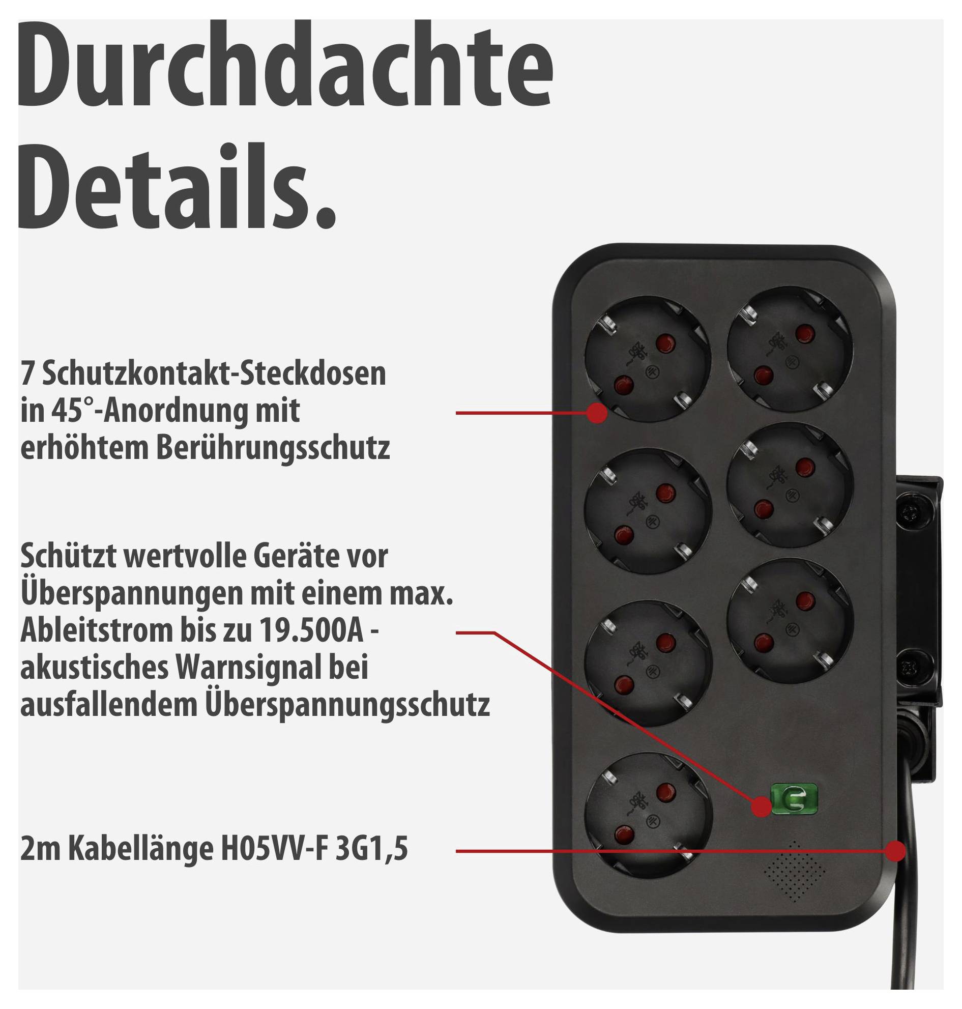Produktgrafik einer 7-fachen Steckdosenleiste mit Überspannungsschutz; nennt 45°-Anordnung, 2 m Kabel und akustische Warnanzeige.<br>