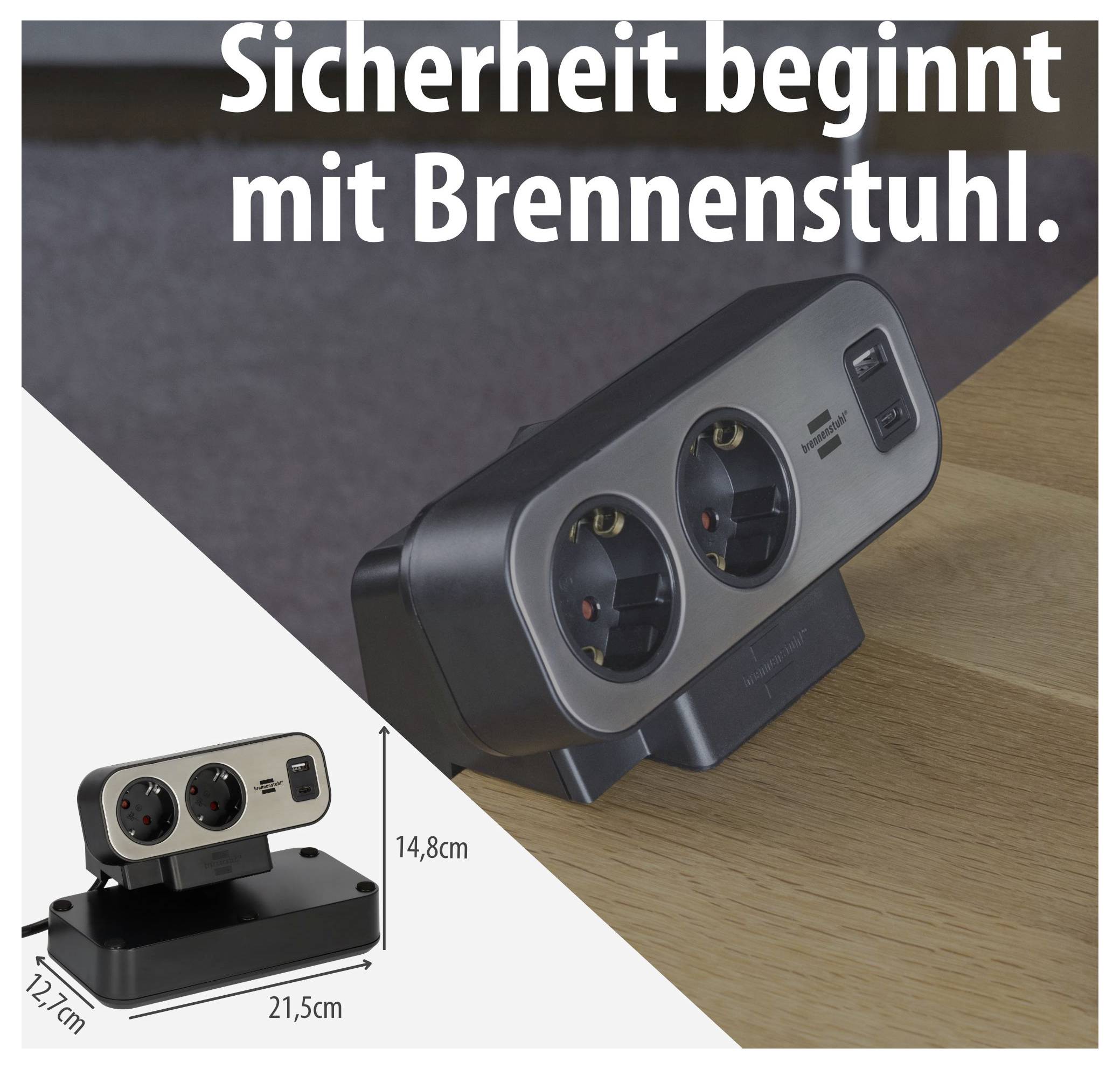 Werbebild einer Brennenstuhl-Steckdosenleiste mit zwei Schuko-Steckplätzen und Schalter; Text: 'Sicherheit beginnt mit Brennenstuhl.', Maße 21,5 x 14,8 cm.<br>
