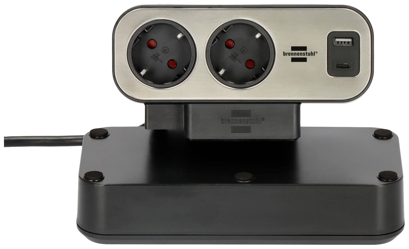 Eine silberne Steckdosenleiste mit zwei Steckdosen und zwei USB-Anschlüssen auf einer schwarzen Basis, Herstellername sichtbar.