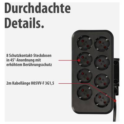 Produktbild einer schwarzen 8-fach-Steckdosenleiste mit 45°-Anordnung; Text nennt erhöhten Berührungsschutz und 2 m Kabel H05VV-F 3G1,5.