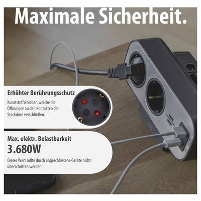 Werbeanzeige einer Steckdosenleiste mit Text 'Maximale Sicherheit', erhöhtem Berührungsschutz und maximaler elektrischer Belastbarkeit von 3.680W.<br>