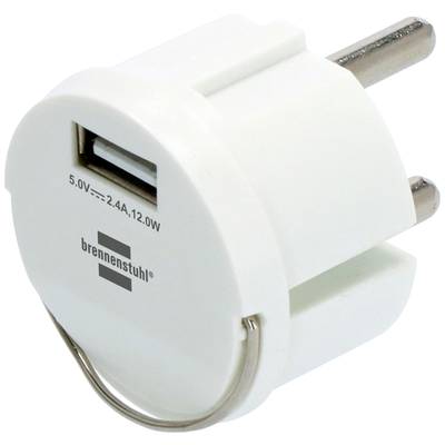 Weißes Brennenstuhl USB-Wandladegerät mit zwei runden europäischen Steckerkontakten, einem USB-Anschluss, beschriftet mit 5,0V 2,4A 12,0W.
