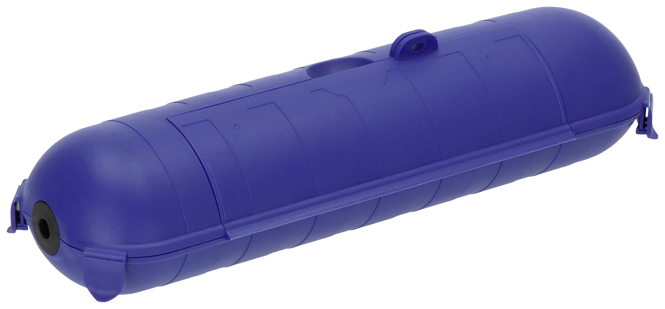 Blauer zylindrischer Plastikschwimmer mit Befestigungsschlaufen, verwendet zur Sicherung von Booten oder schwimmenden Strukturen.