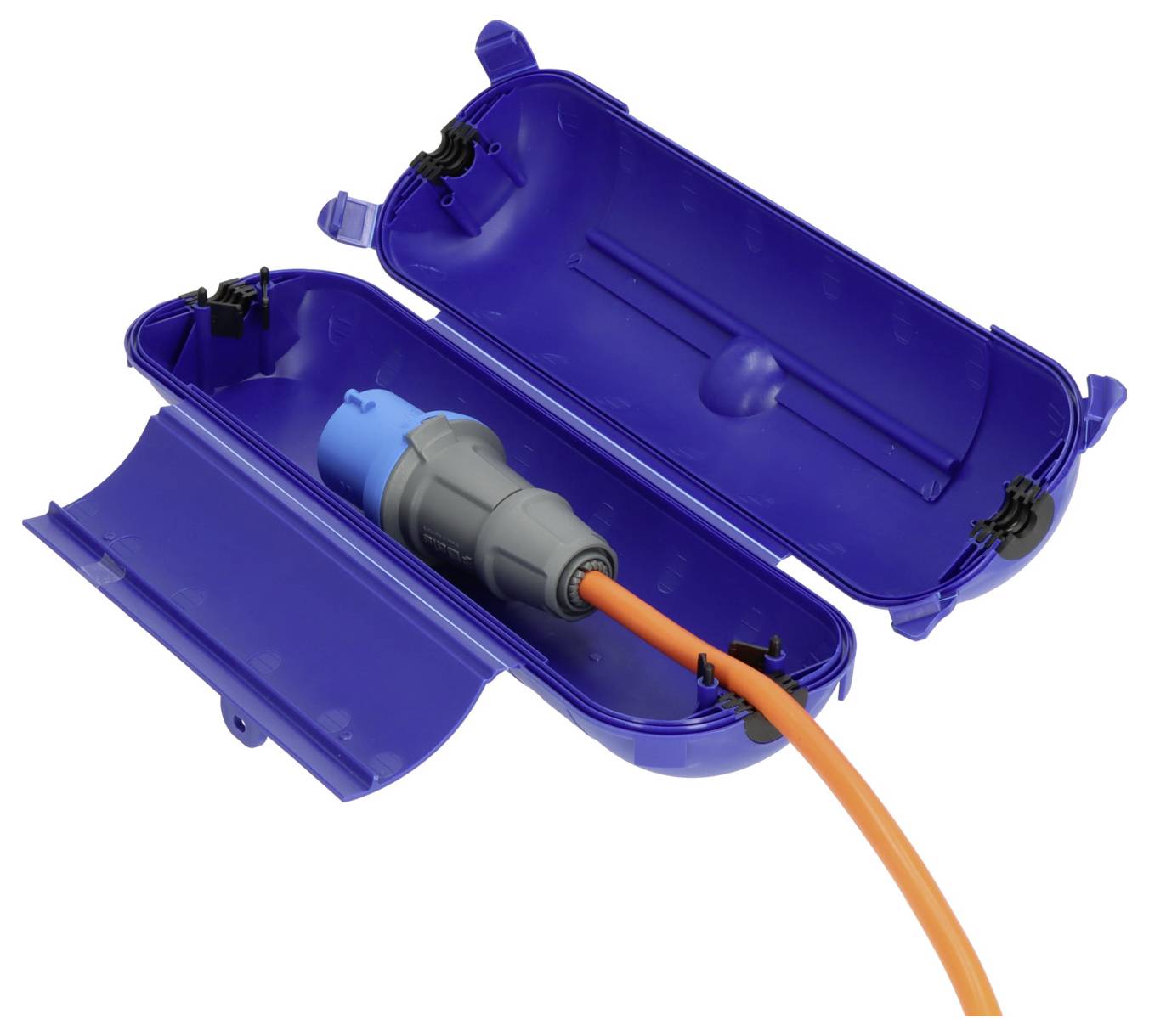 Blauer wasserdichter Elektrostecker-Koffer mit einem orangefarbenen Stromkabel, das in einen grauen und blauen Stecker im Inneren eingesteckt ist.