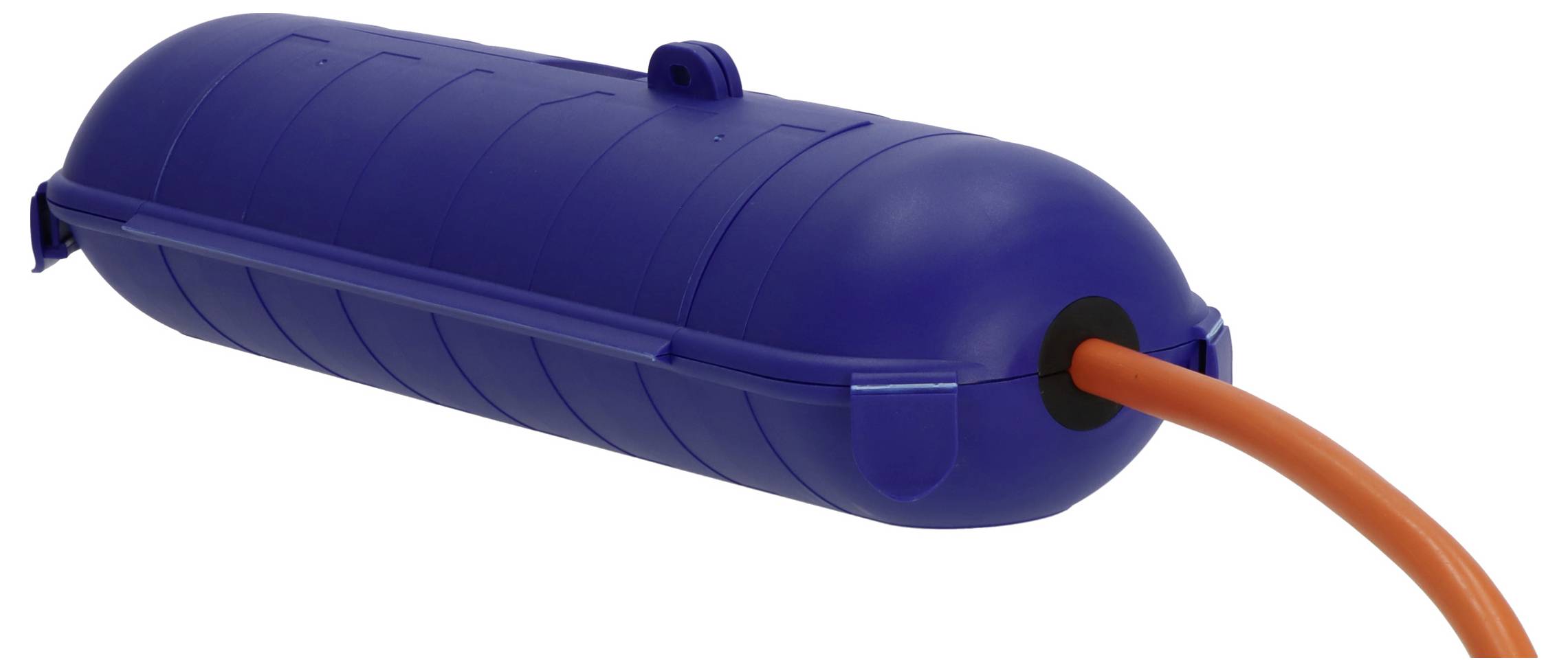 Blauer zylindrischer Unterwasserkabelstecker mit orangefarbenem Kabel, das an einem Ende auf weißem Hintergrund eintritt
