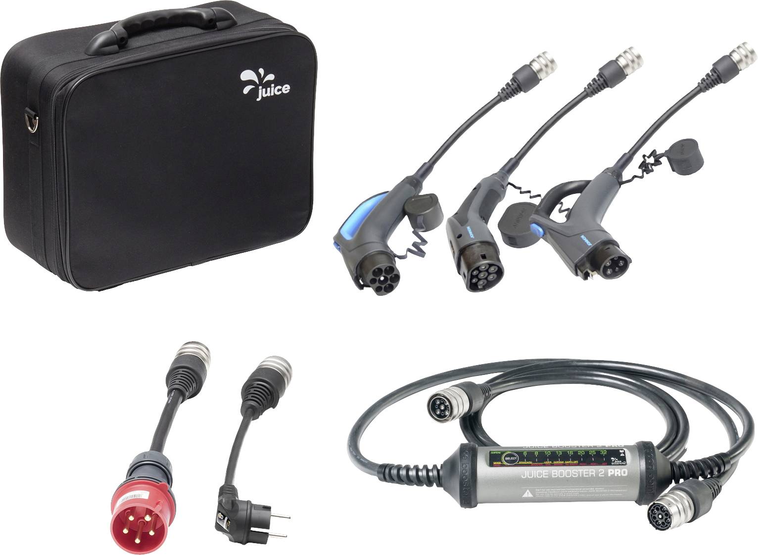 Set mit Anschlussmöglichkeiten für verschiedene EV-Steckdosen