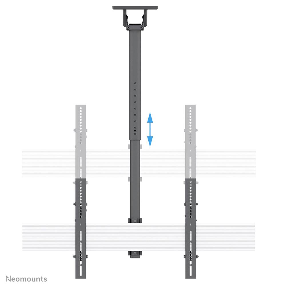 Deckenhalterung mit einstellbarer Höhe für Bildschirme, zeigt senkrechte Verlängerung mit blauen Pfeilen. Markenlogo unten links.