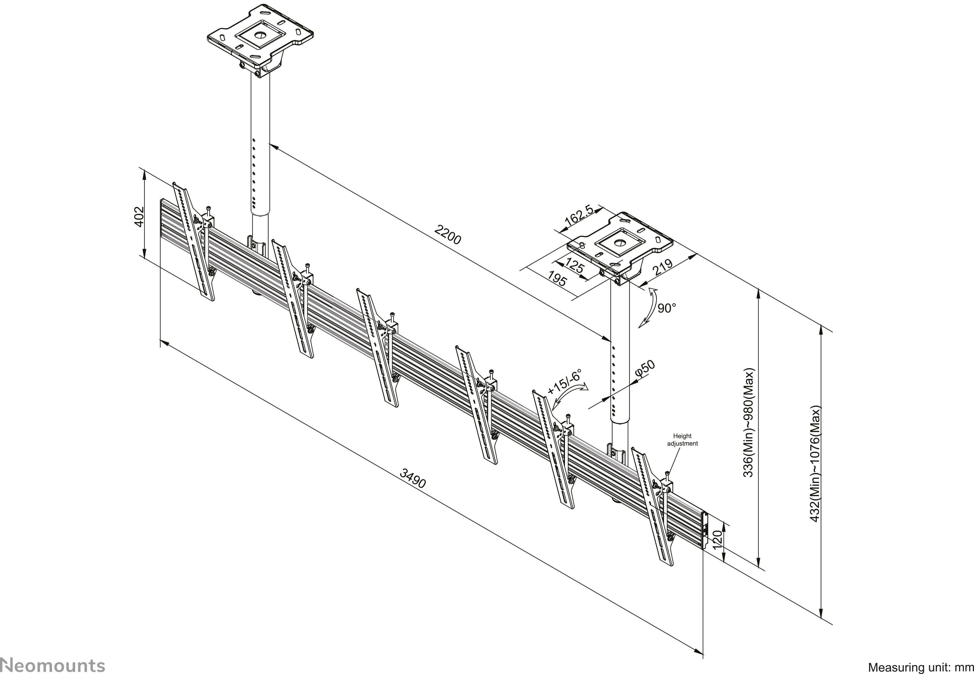'Technische Zeichnung einer Deckenhalterung mit Maßen: Länge 3489 mm, Höhe 659–1092 mm. Geeignet für Monitorbefestigung.'