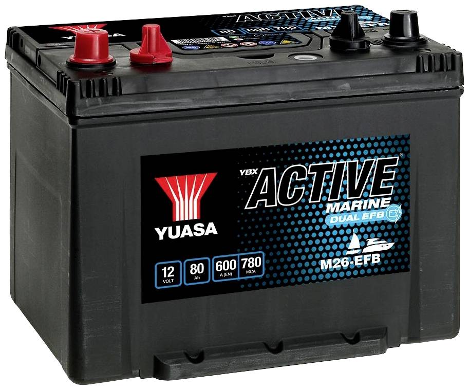 Eine schwarze Boots- oder Marinebatterie mit rotem und schwarzem Anschluss. Markiert als 'Yuasa Active Marine Dual EFB' mit Spezifikationen: 12 Volt, 80 Ah, 600 A.