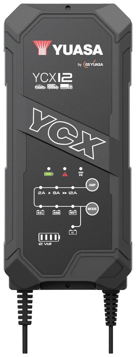 'YUASA YCX12' Batterieladegerät in schwarz, zeigt Symbole und Tasten zum Aufladen und Modusanpassung, vertikal positioniert.