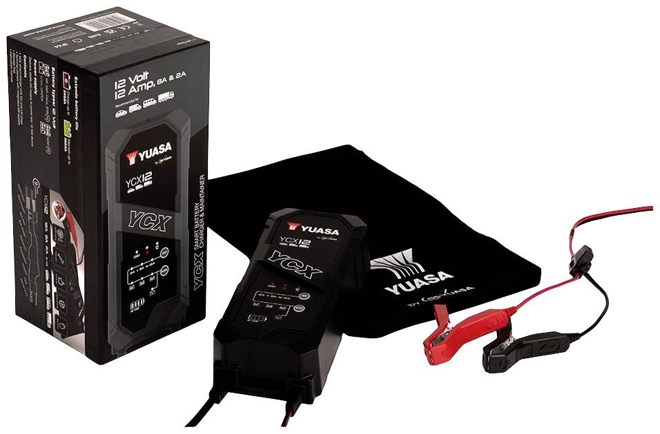 'Yuasa Batterieladegerät 12V' mit Verpackung, Ladegerät und Kabel. Geeignet für 12 Amp Batterien. Enthält Krokodilklemmen.