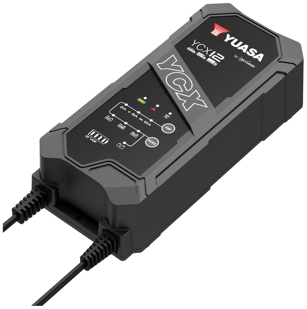 Ladegerät von Yuasa mit Modellnummer 'YCX12', schwarzes Gehäuse, mehrere LED-Anzeigen und Verbindungskabel sichtbar.
