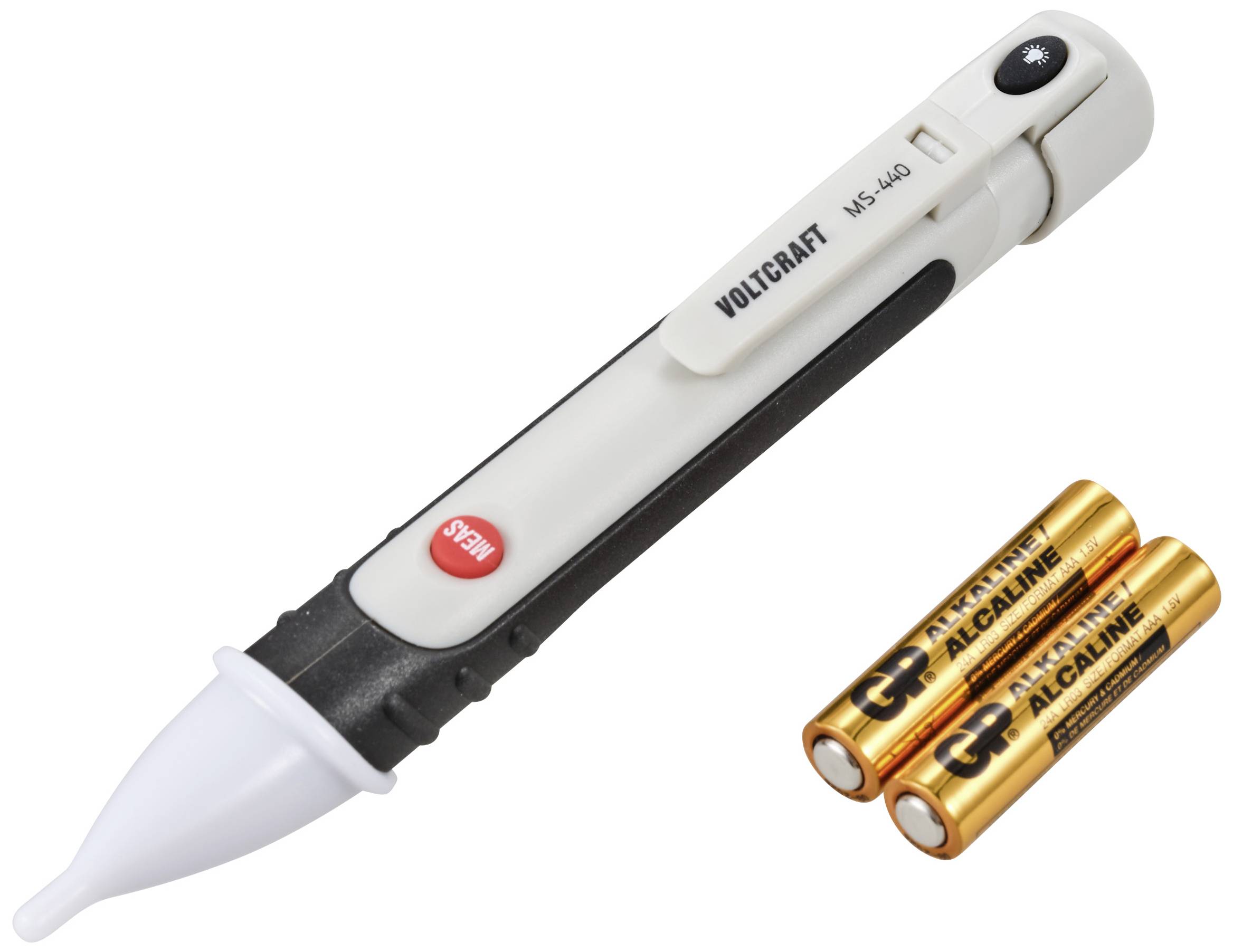 Elektrischer Spannungsprüfer mit zwei Batterien daneben. Prüfgerät in Weiß und Schwarz mit rotem 'Test'-Knopf.