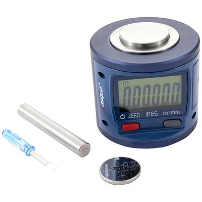 Digitaler Neigungsmesser mit rundem Gehäuse, Display, silbernen Zylinder und Batterie. Zeigt '000.000' in Zoll an.