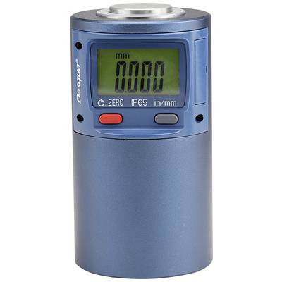 Ein digitales Messgerät mit einem Display, das '0000 mm' anzeigt. Es hat IP65-Schutz und Tasten für Nullstellung und Einheitenwechsel.