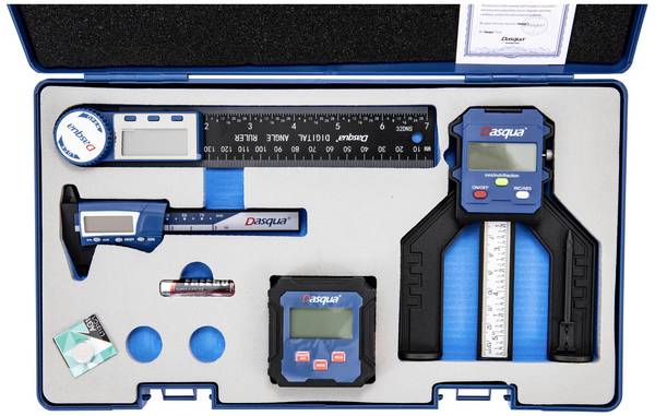 Dasqua 8300-0095 Digitales Messset 4teilig - Nivellierkasten, Tiefenmesser, Glasfaser-Messschieber und Winkellineal